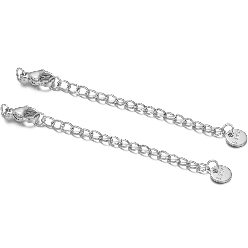 Stainless steel lobster clasp extension tail chains, linked rings with engraved end plates