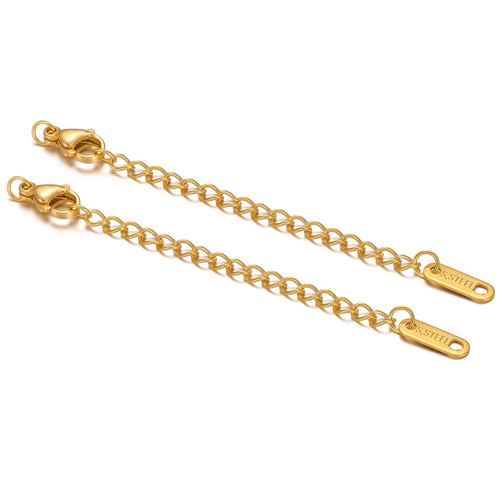 Gold lobster clasp extension tail chains with linked loops and engraved S-steel tag