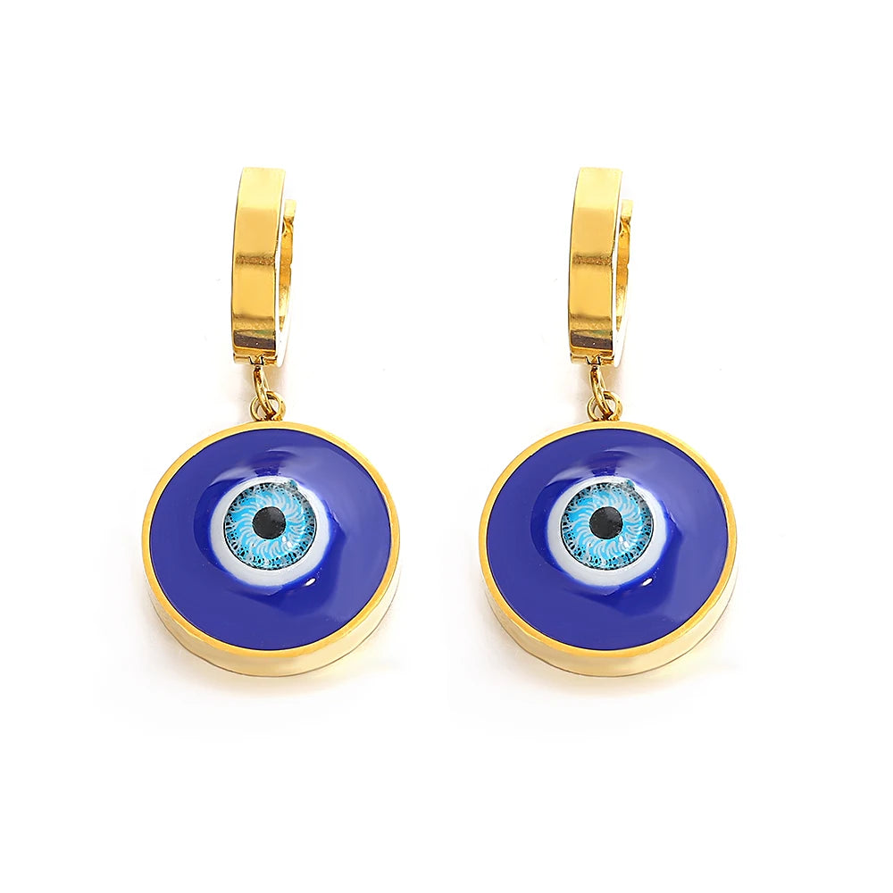 Gold-tone drop earrings with round blue evil eye enamel charms