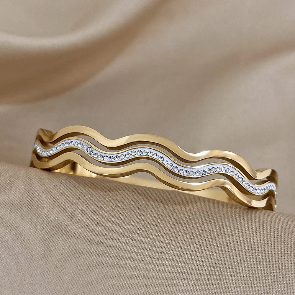 Exquisite Wave Stainless Steel Stackable Bracelets for Women Fashion Zircon Layered Gold Plated Cuff Bangle Waterproof Jewelry