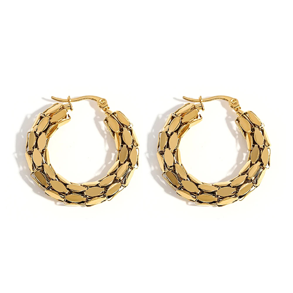 Gold-tone hoop earrings with rows of elongated faceted links