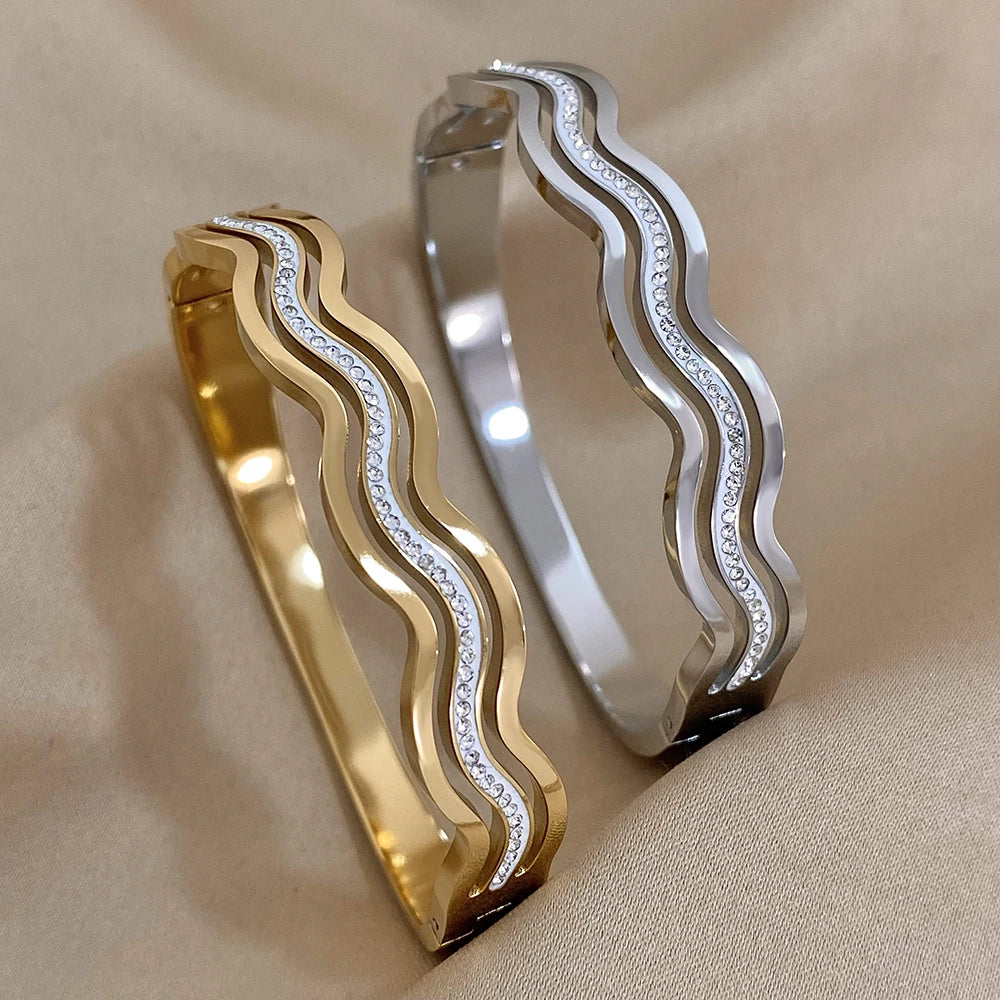 Exquisite Wave Stainless Steel Stackable Bracelets for Women Fashion Zircon Layered Gold Plated Cuff Bangle Waterproof Jewelry