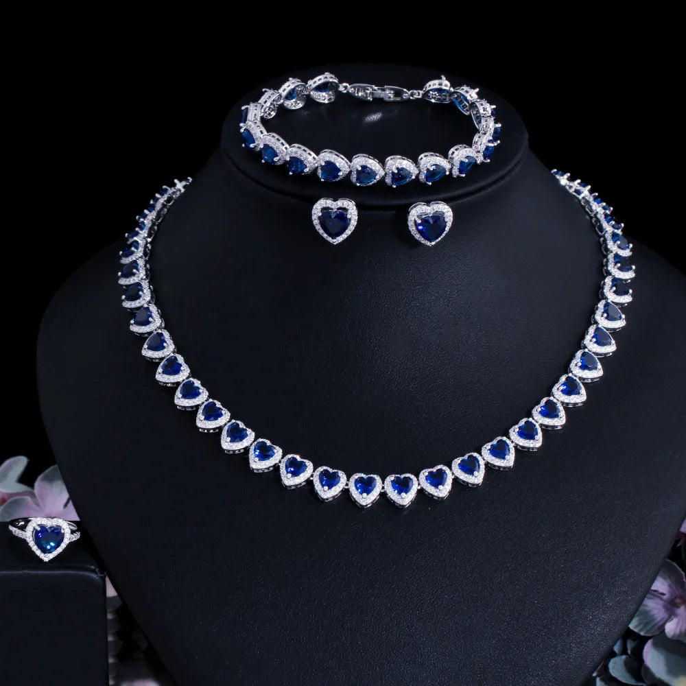 Blue heart cubic zirconia bridal jewelry set: choker-style necklace, bracelet, heart earrings