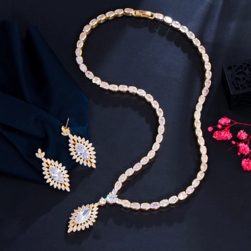 Gold-tone CZ marquise pendant necklace with matching drop earrings set