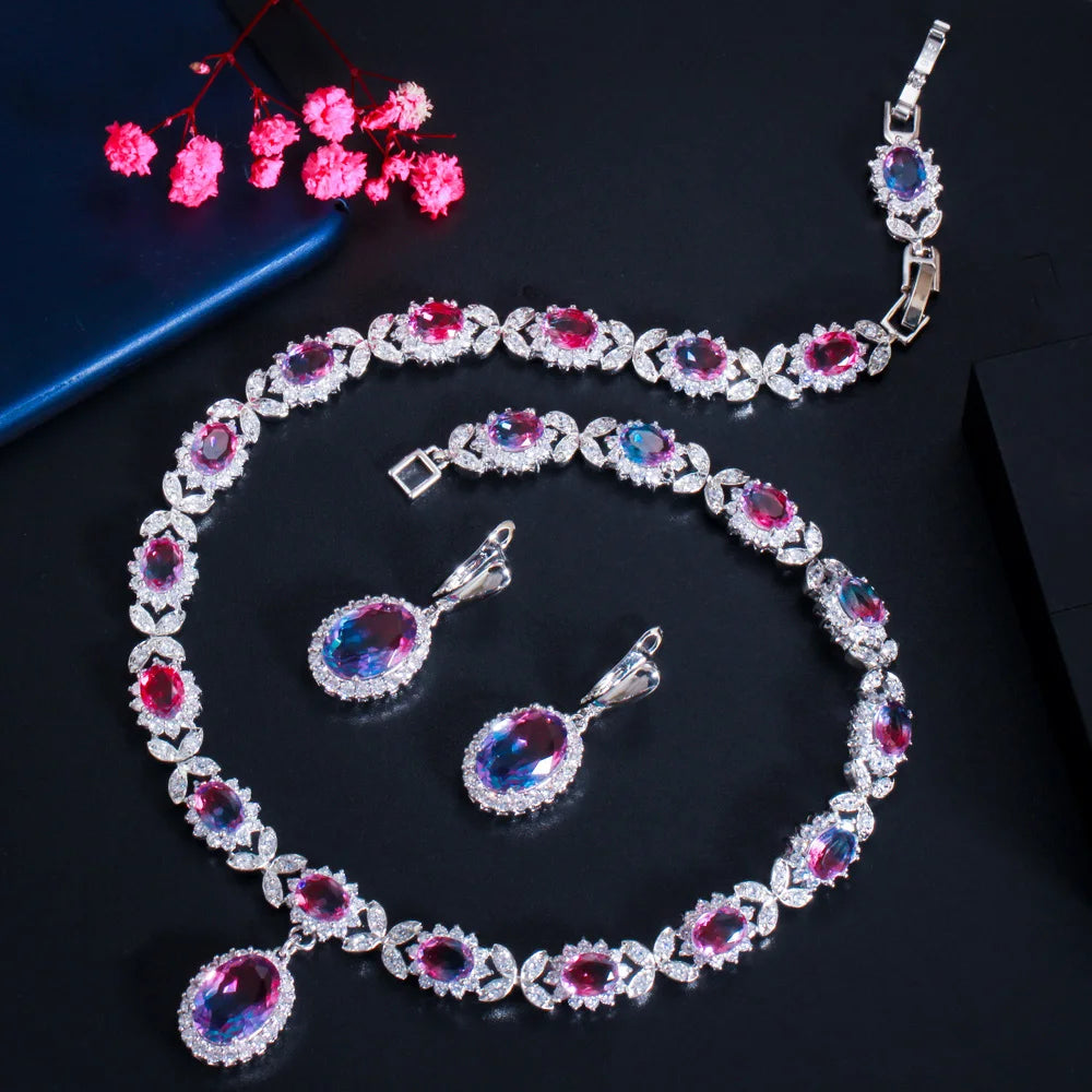 CZ halo jewelry set with oval gradient stones: tennis necklace and drop earrings