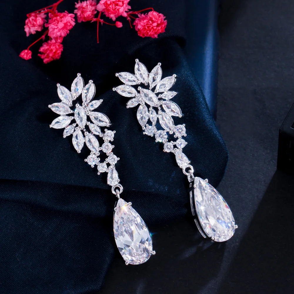 Bling Bling Cubic Zirconia Marquise Cut Leaf Long Water Drop Earrings for Women Wedding Bridal Jewelry