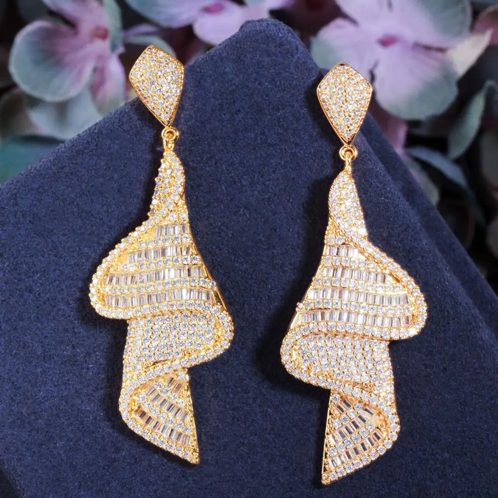 Big White Cubic Zirconia Long Drop Earrings for Women Geometric Sparkling Fancy Bridal Jewelry