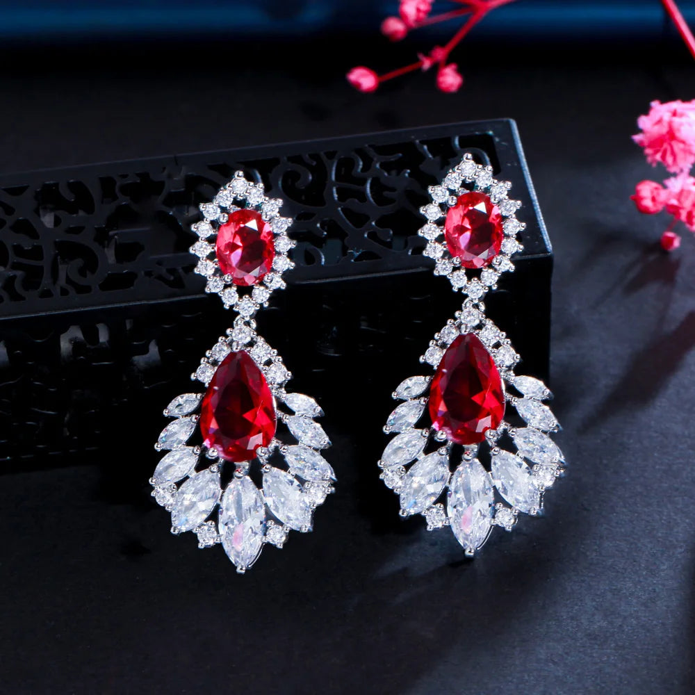 Red cubic zirconia chandelier drop earrings with clear crystal accents