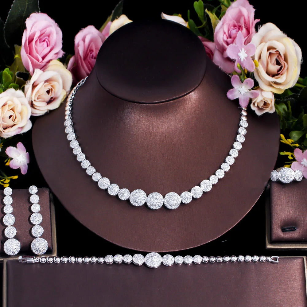 Silver-tone CZ jewelry set with graduated round-stone necklace, drop earrings and bracelet