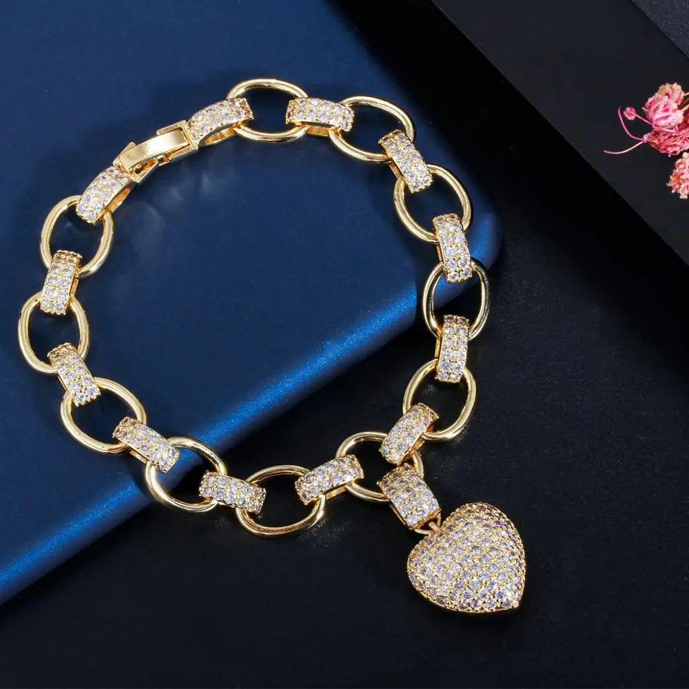 585 Gold Color Cubic Zirconia Dangle Love Heart Charm Bracelet Pendant Necklace Women Costume Jewelry Set