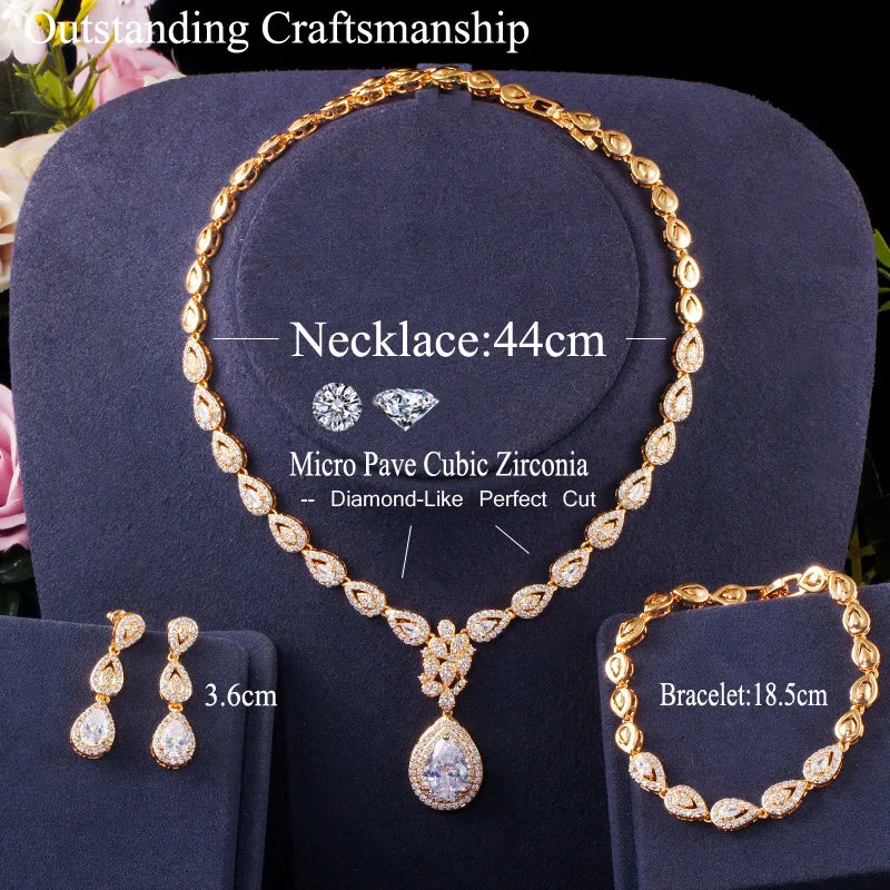 Luxury Cubic Zirconia Gold Color Wedding Party Costume Bride Jewelry Sets For Women