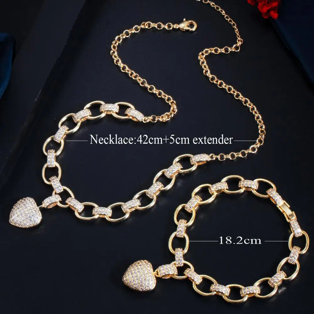 585 Gold Color Cubic Zirconia Dangle Love Heart Charm Bracelet Pendant Necklace Women Costume Jewelry Set
