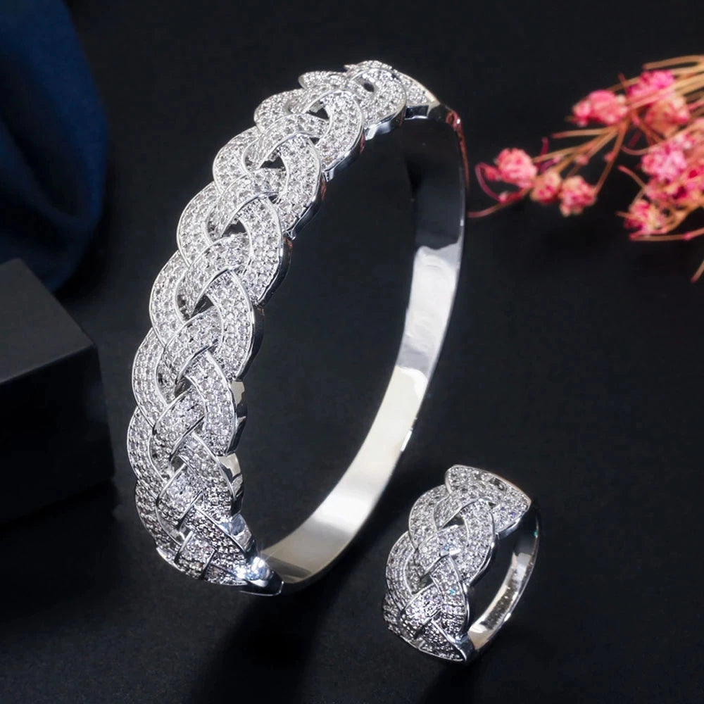 Silver CZ bangle bracelet with matching link ring, open cut design