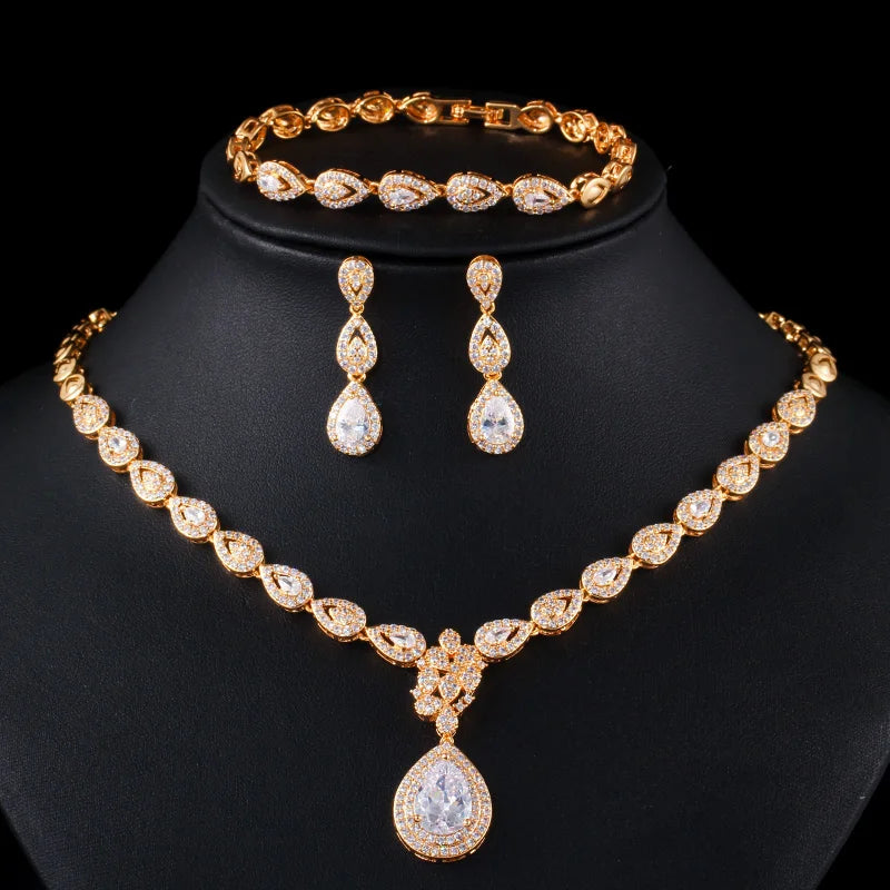 Luxury Cubic Zirconia Gold Color Wedding Party Costume Bride Jewelry Sets For Women