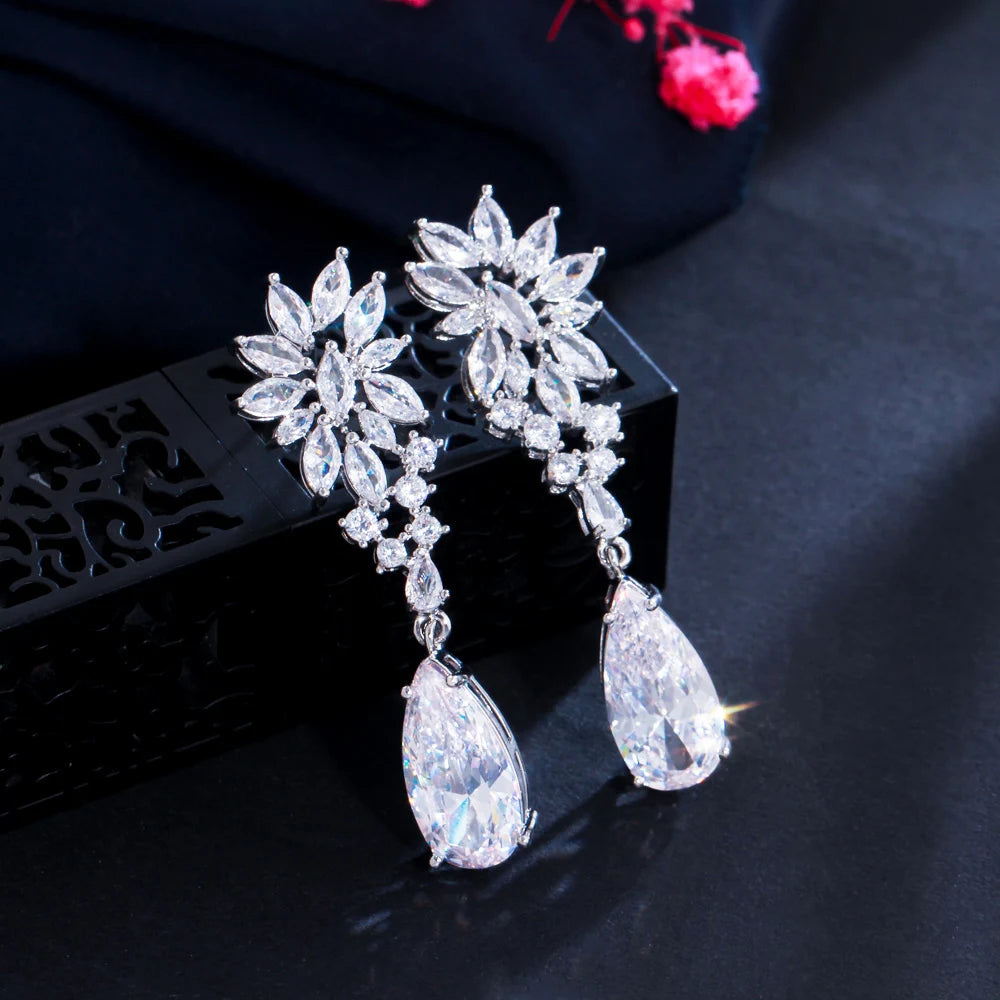 Bling Bling Cubic Zirconia Marquise Cut Leaf Long Water Drop Earrings for Women Wedding Bridal Jewelry