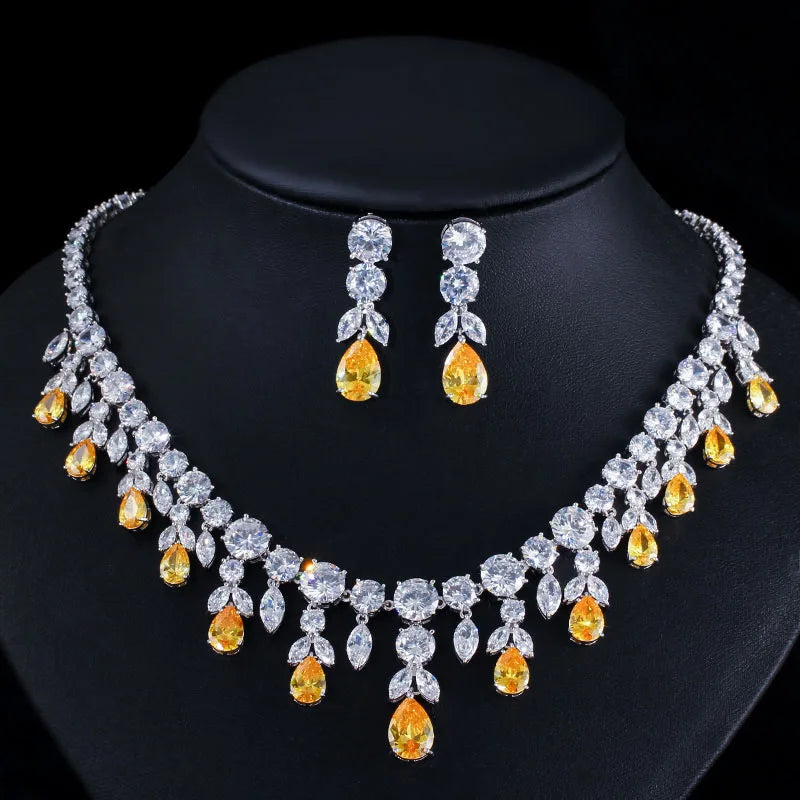 Luxury Tassel Drop Chunky Cubic Zirconia Wedding Party Bride Necklace and Earring Jewelry Sets