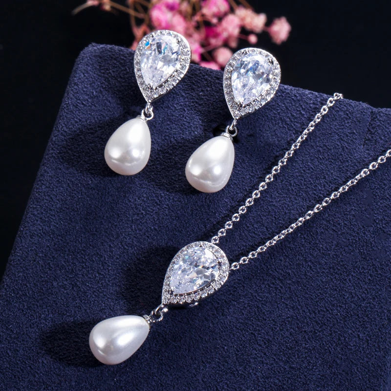 Pearl-drop heart CZ earrings with matching necklace, silver-tone and white teardrop pearls