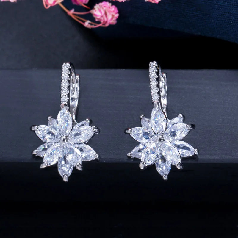 Pair of clear flower earrings with marquise-cut stones and crystal-set hoops