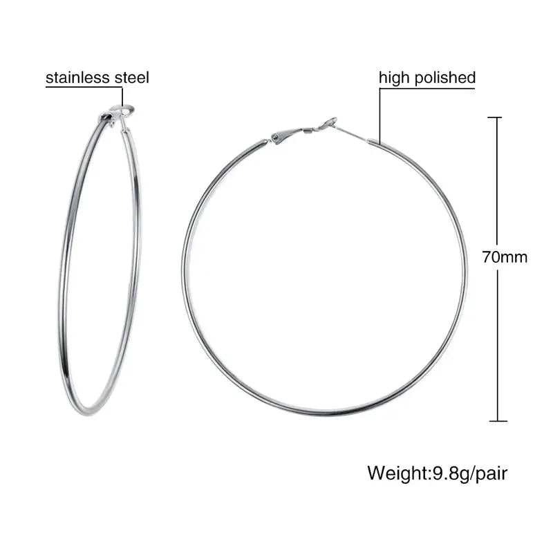 70 mm silver-tone stainless steel hoop earrings with a polished finish.