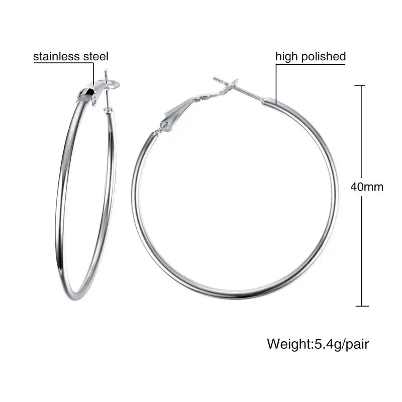 Silver-tone stainless steel hoop earrings, polished finish, 40 mm diameter