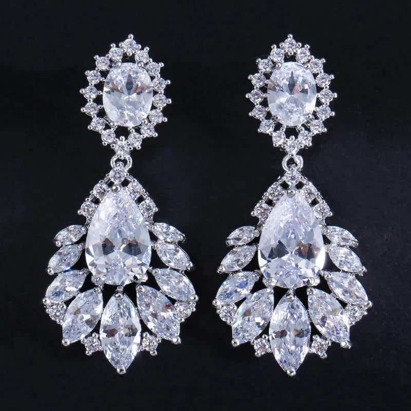 Clear cubic zirconia chandelier earrings with pear-cut drops