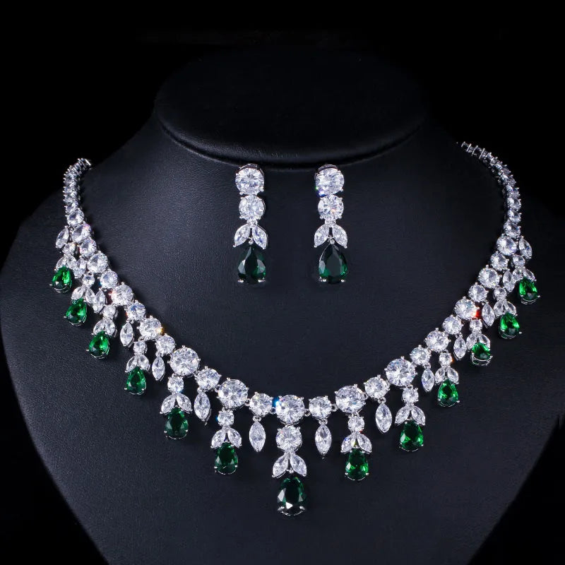 Rhinestone teardrop necklace and drop earrings set, green and clear stones
