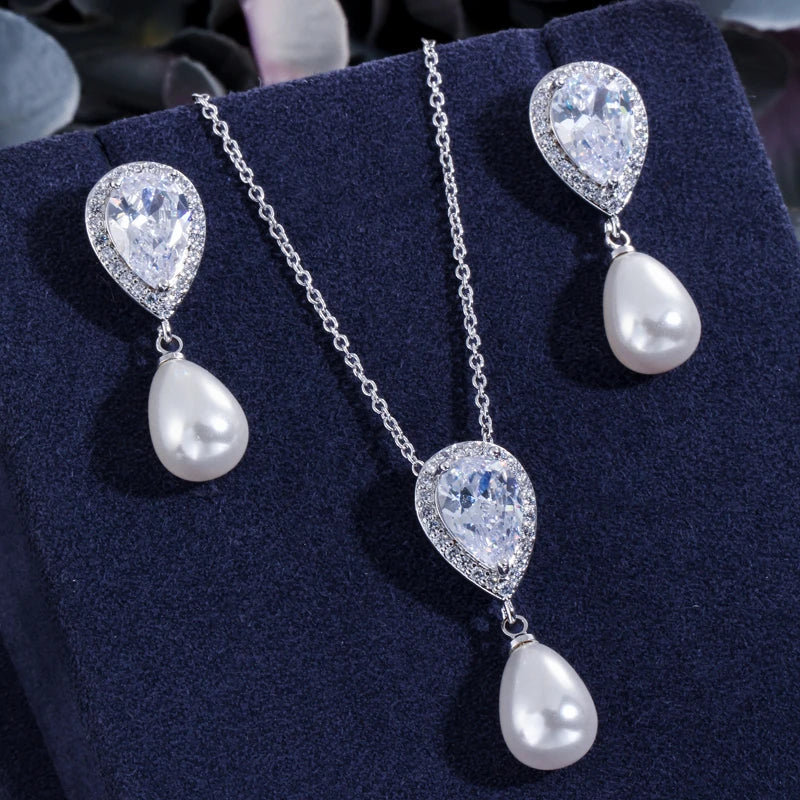 Pearl-drop heart CZ necklace and earrings set, silver-tone with white teardrop pearls