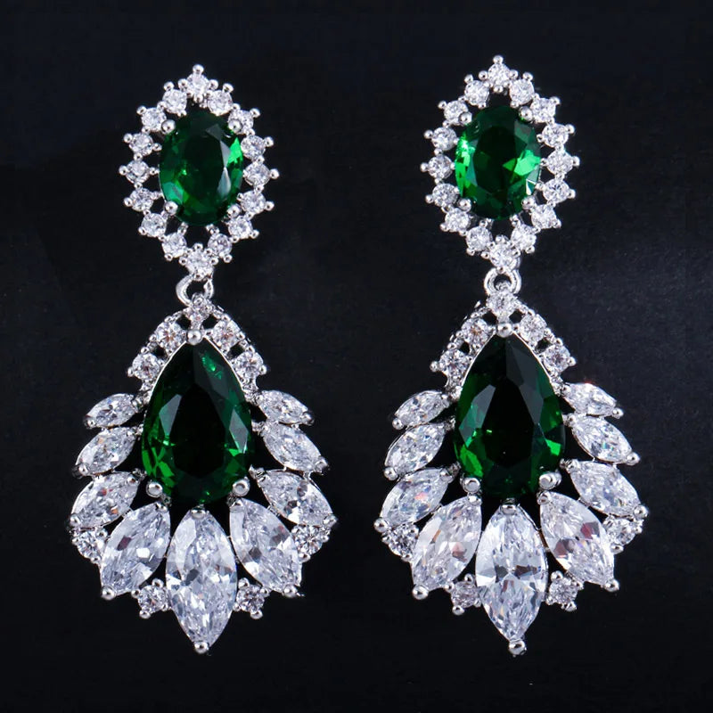 Green cubic zirconia chandelier drop earrings with clear crystal accents