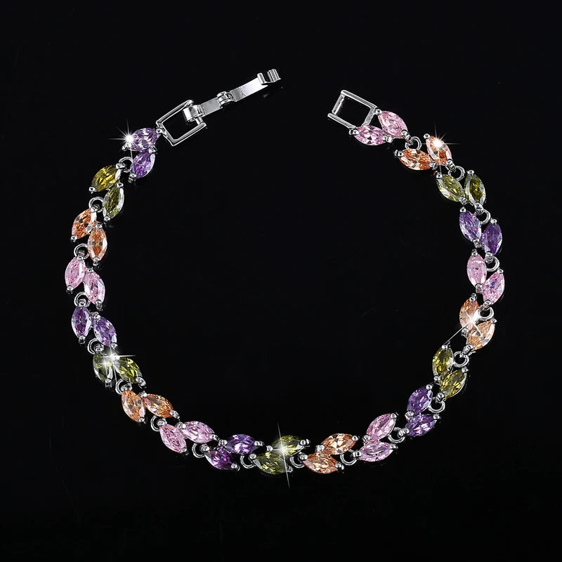 Silver-tone bracelet with multicolor leaf-shaped cubic zirconia stones and a clasp