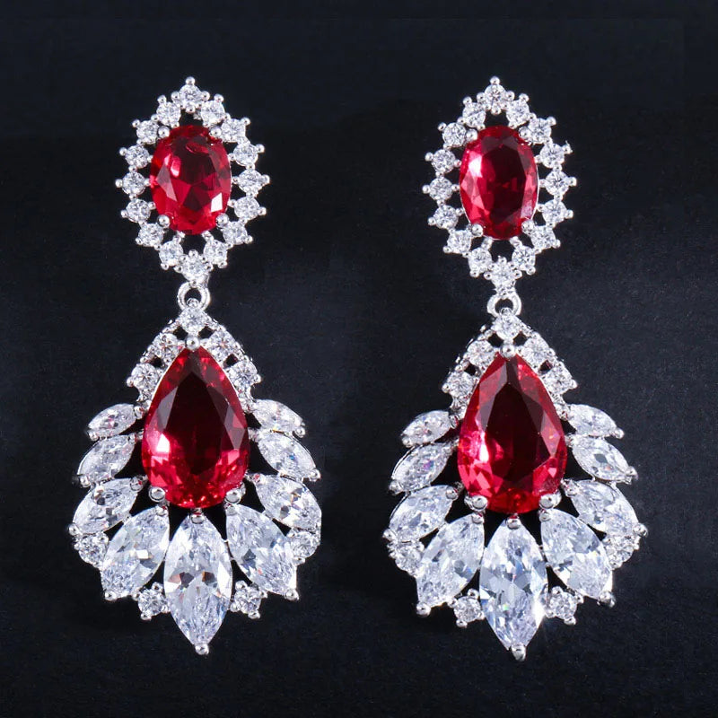 Red cubic zirconia chandelier drop earrings with clear crystal accents