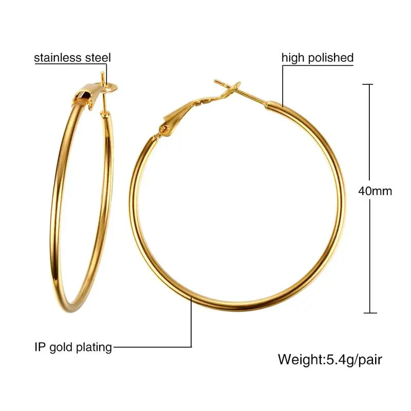 Gold-tone stainless steel hoop earrings, polished finish, 40 mm diameter