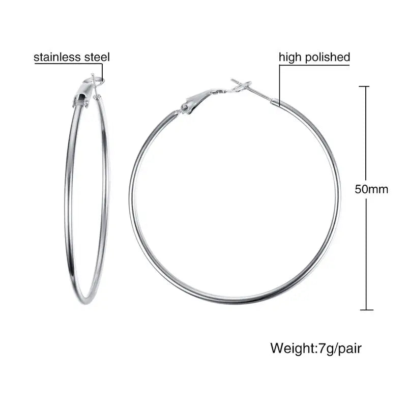 50 mm silver-tone stainless steel hoop earrings with a polished finish.