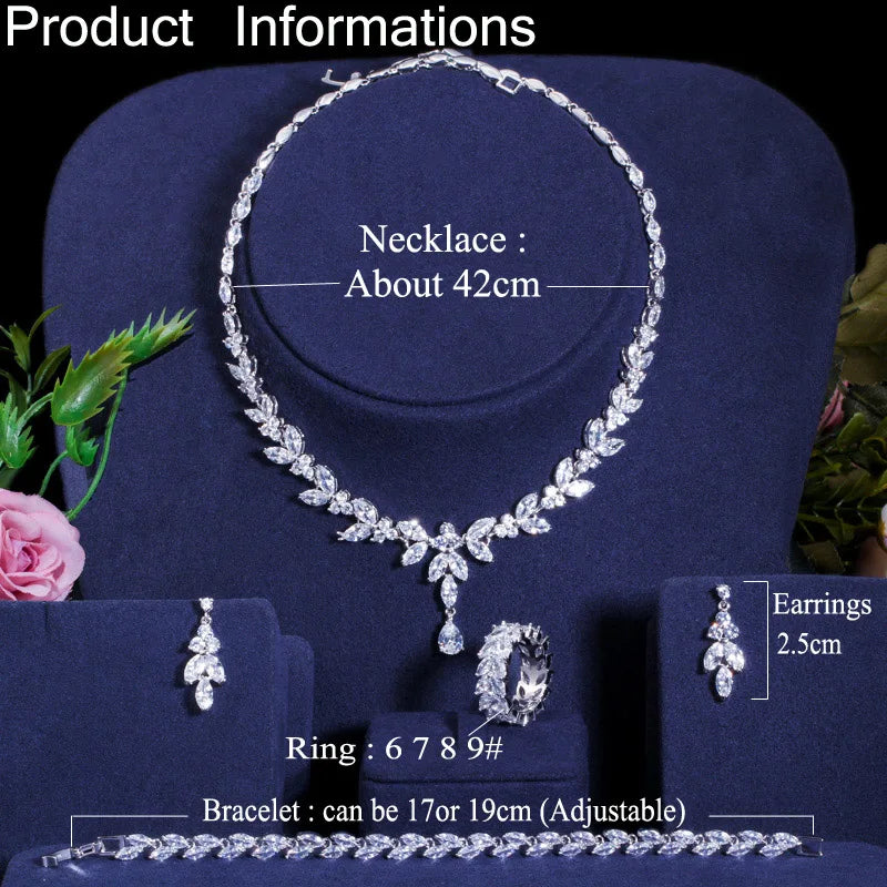 Silver-tone cubic zirconia necklace with matching drop earrings, bracelet and ring