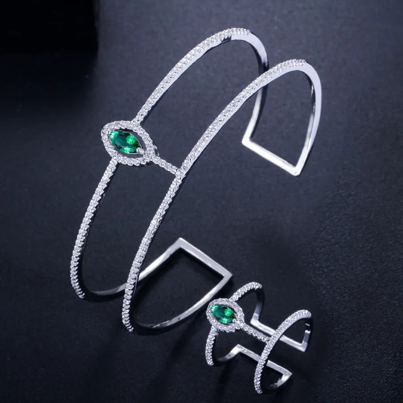 CZ double open cuff bangle and matching open ring set, green oval stones