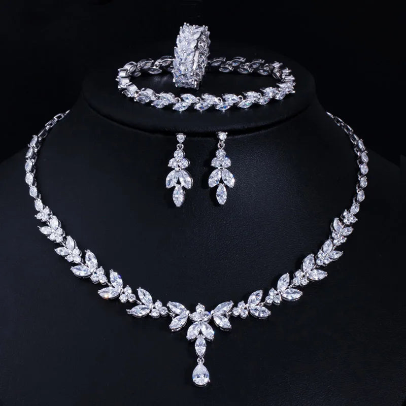 Silver-tone cubic zirconia necklace with teardrop earrings, bracelet and ring set