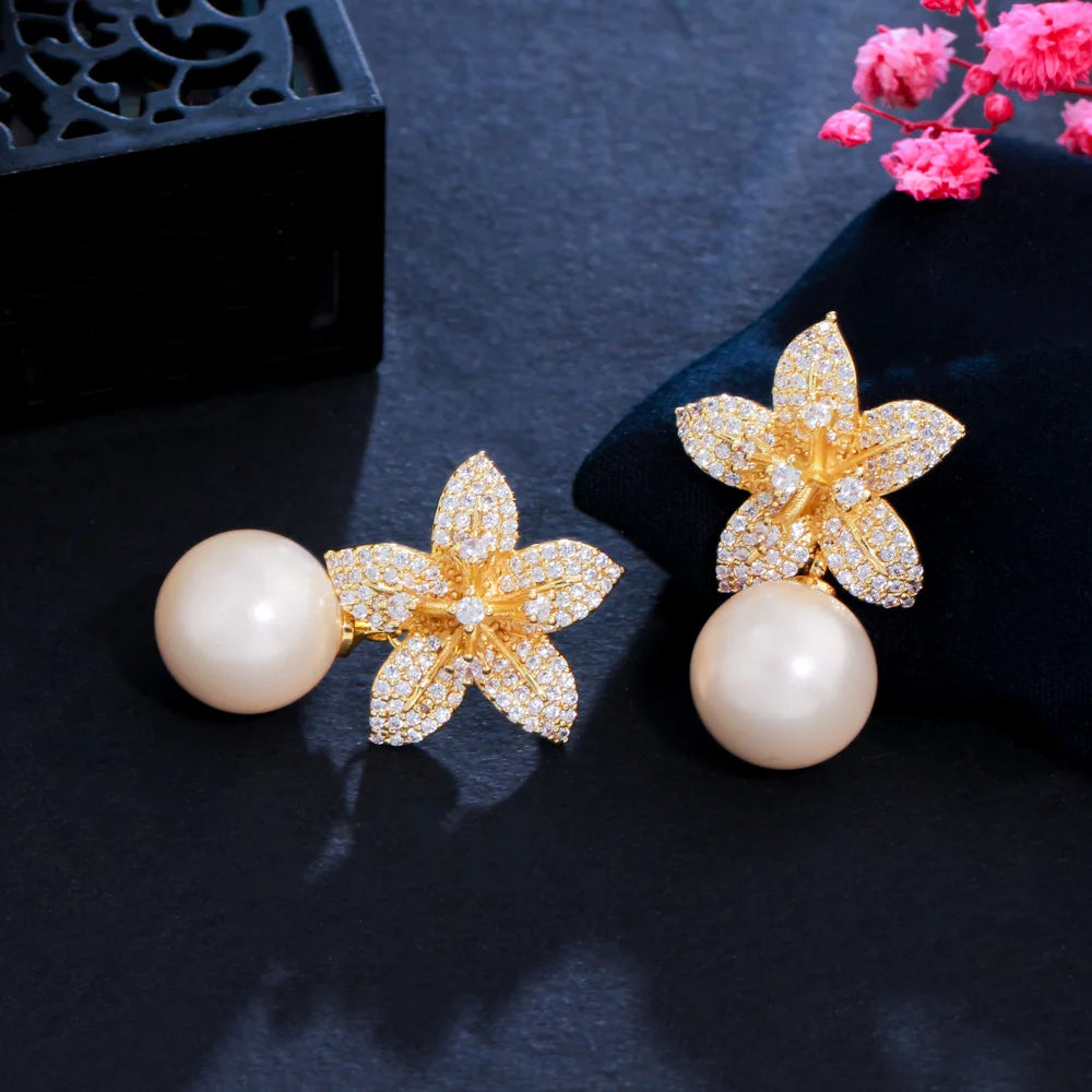 Fashion Dangle Pearl Cubic Zirconia Geometric Flower Drop Earrings for Women Daily Wear Jewelry