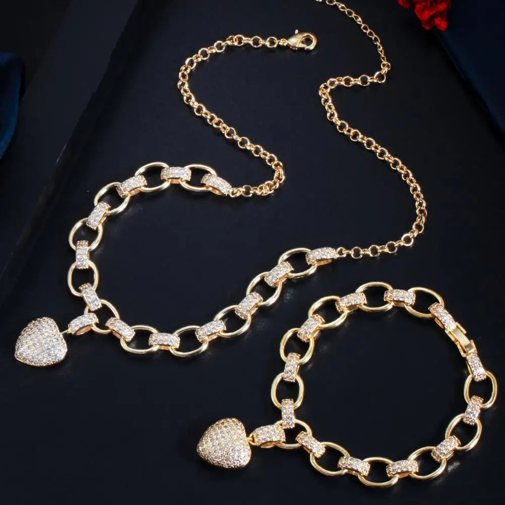 585 Gold Color Cubic Zirconia Dangle Love Heart Charm Bracelet Pendant Necklace Women Costume Jewelry Set