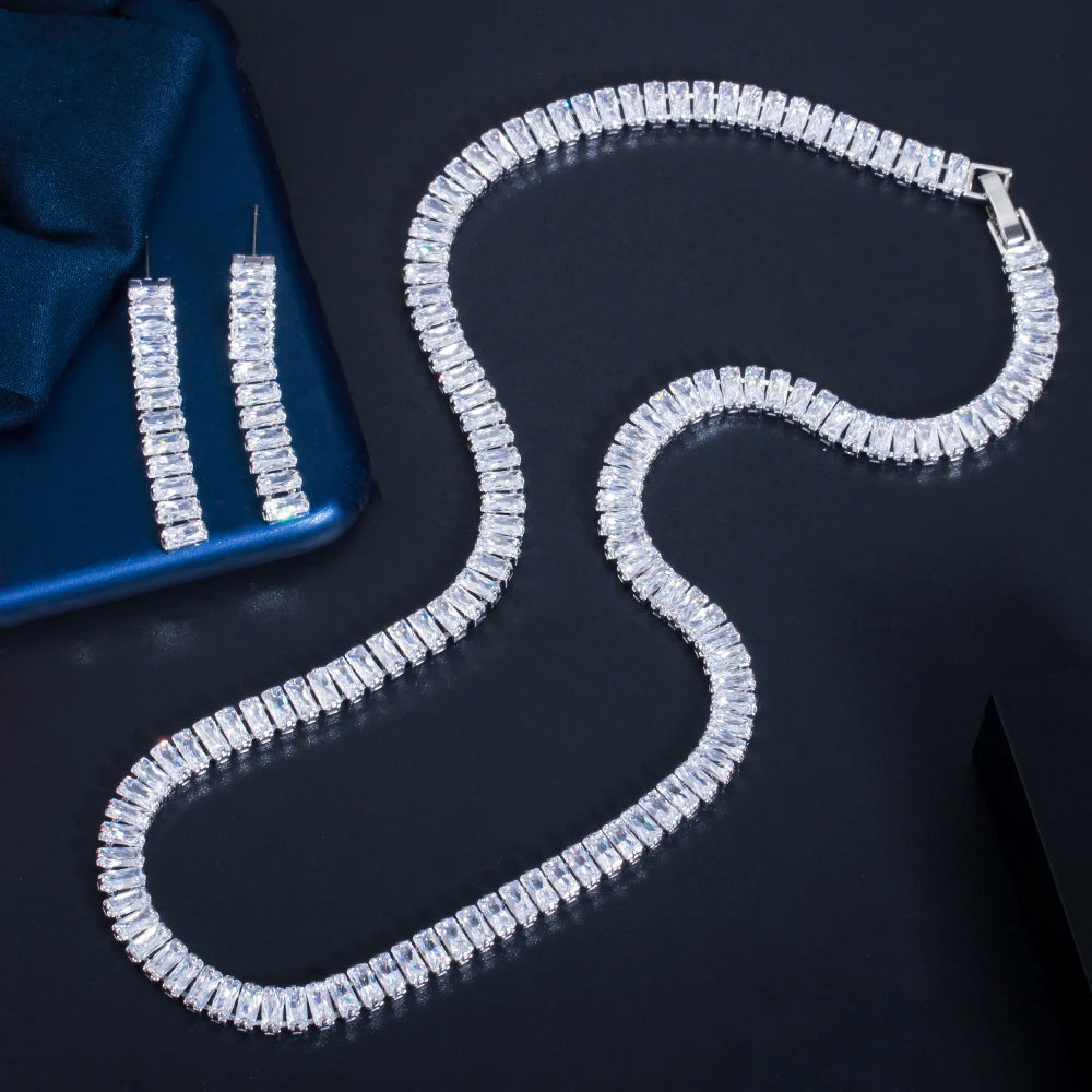Silver-tone rectangular stone necklace and matching long drop earrings
