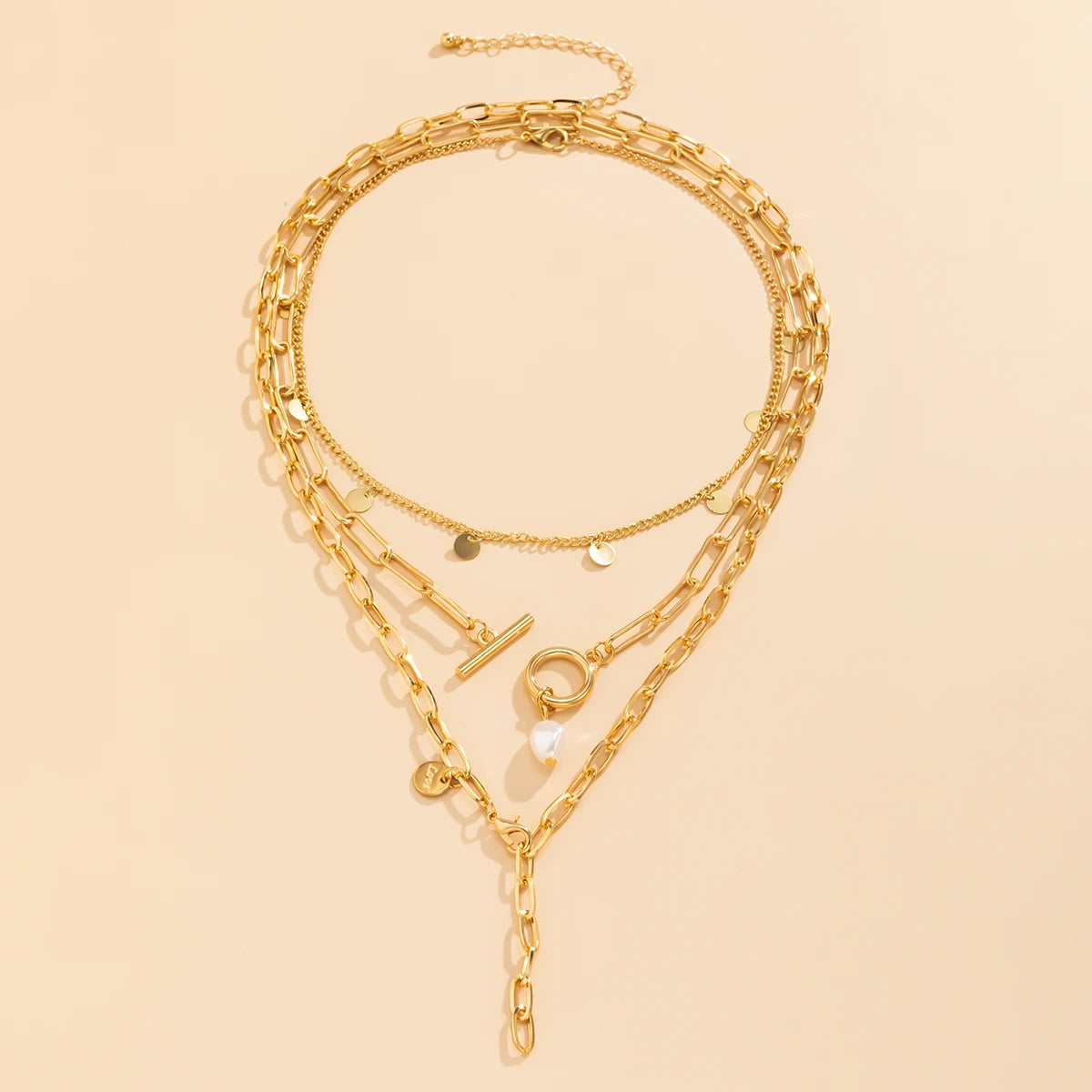 Women Trendy Long Tassel Necklace Punk Layered Chain with Imitation Pearl