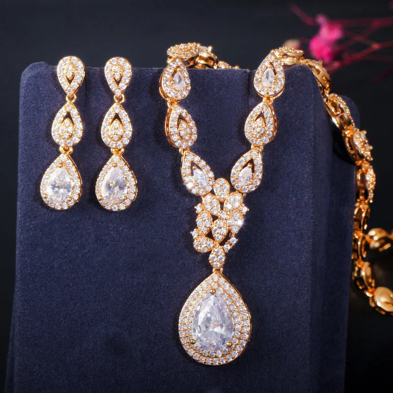 Luxury Cubic Zirconia Gold Color Wedding Party Costume Bride Jewelry Sets For Women