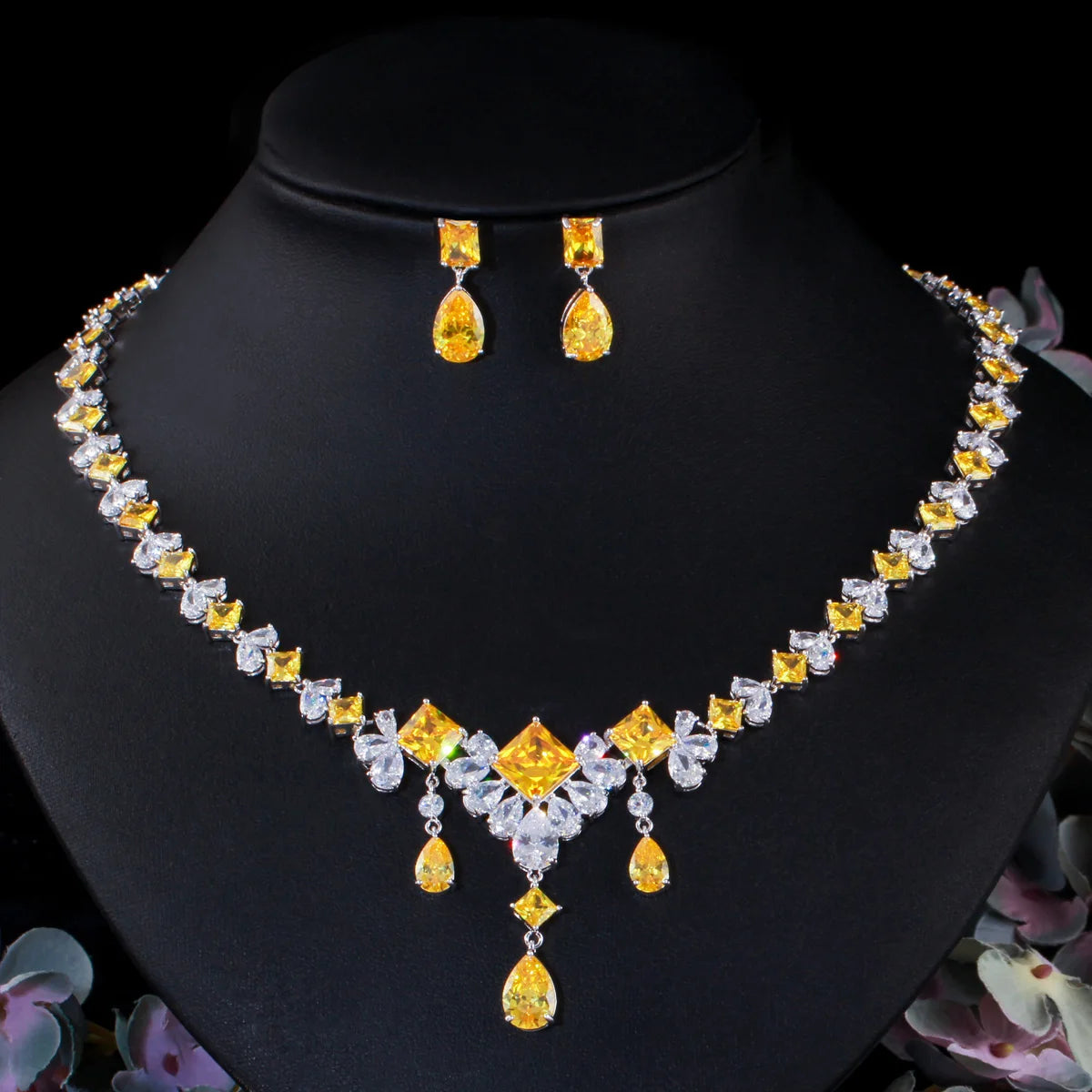 Yellow and clear cubic zirconia necklace and teardrop earrings set
