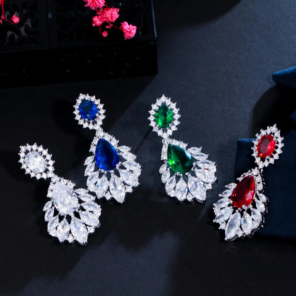 Chandelier earrings in clear, blue, green, and red cubic zirconia