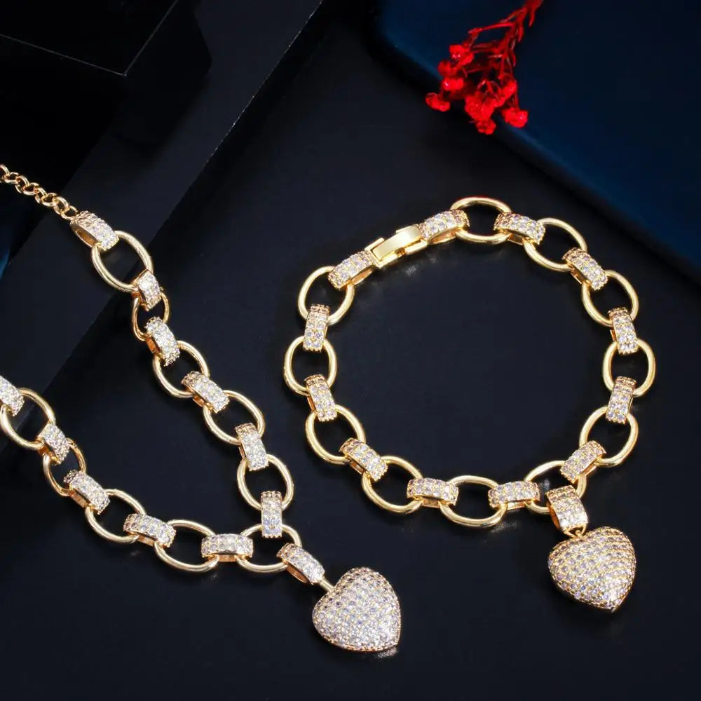 585 Gold Color Cubic Zirconia Dangle Love Heart Charm Bracelet Pendant Necklace Women Costume Jewelry Set