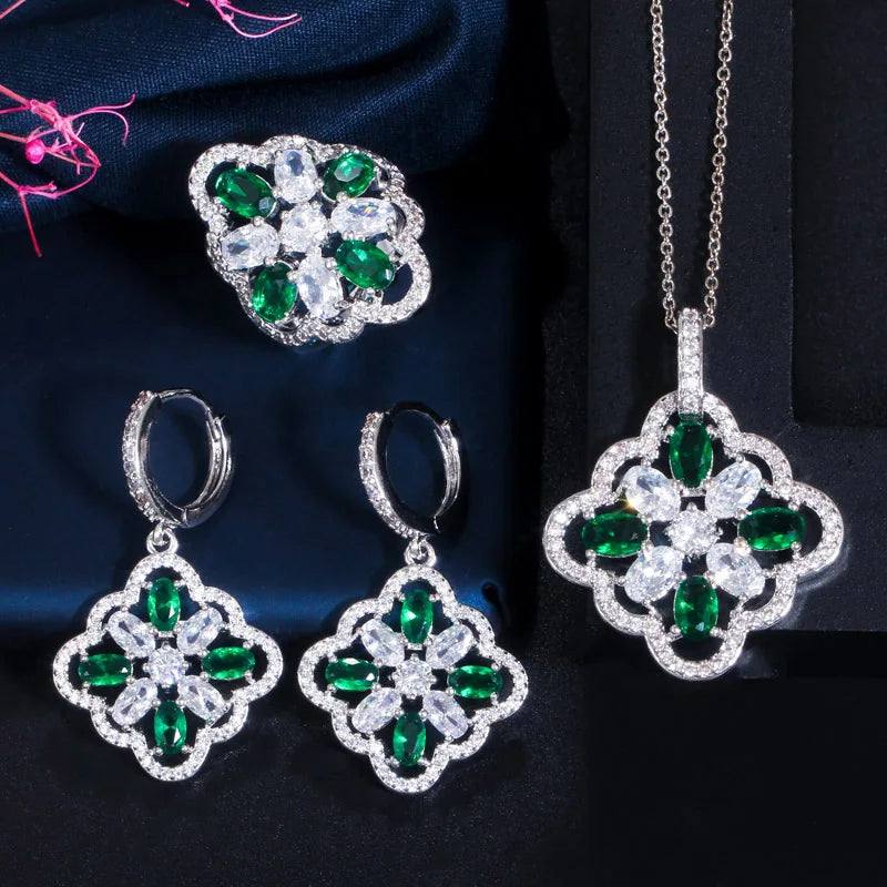 Silver-tone floral zircon jewelry set with green stones and clear accents
