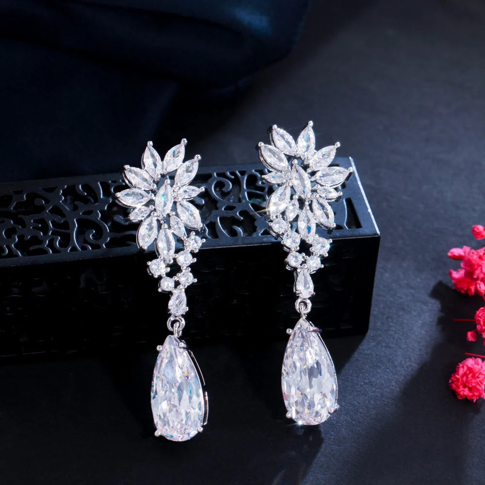 Bling Bling Cubic Zirconia Marquise Cut Leaf Long Water Drop Earrings for Women Wedding Bridal Jewelry
