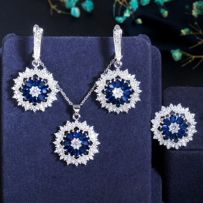 Blue flower cubic zirconia jewelry set with silver hoop earrings and pendant necklace