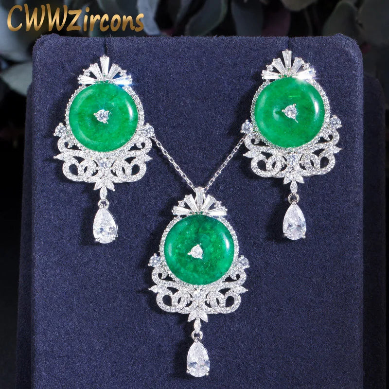 Green jade cabochon pendant necklace and drop earrings, silver-tone zircon setting