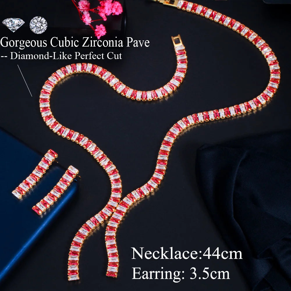 Red baguette zircon necklace with matching drop earrings; necklace is 44 cm long