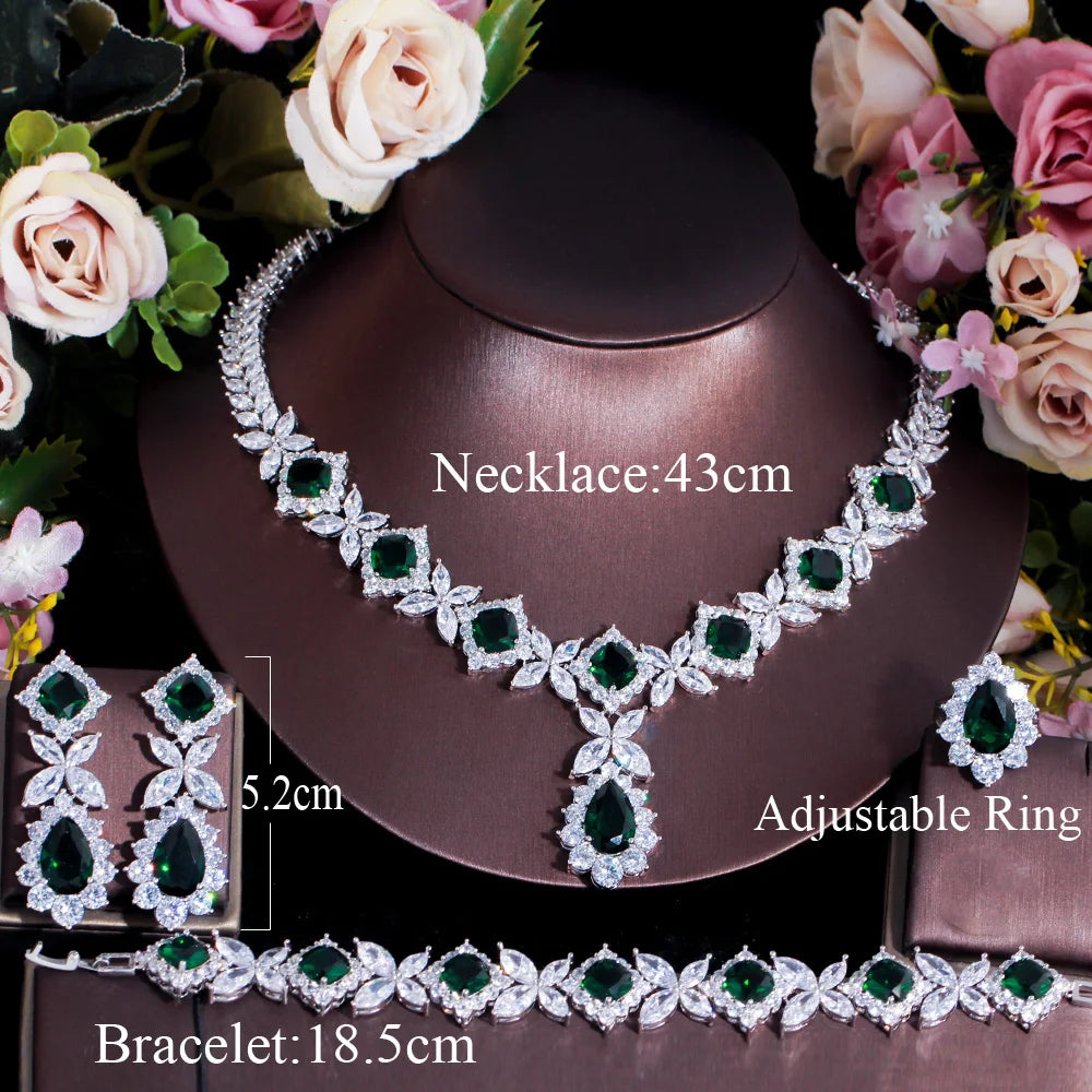 Bridal jewelry set: silver-tone green CZ necklace, adjustable ring, bracelet, earrings