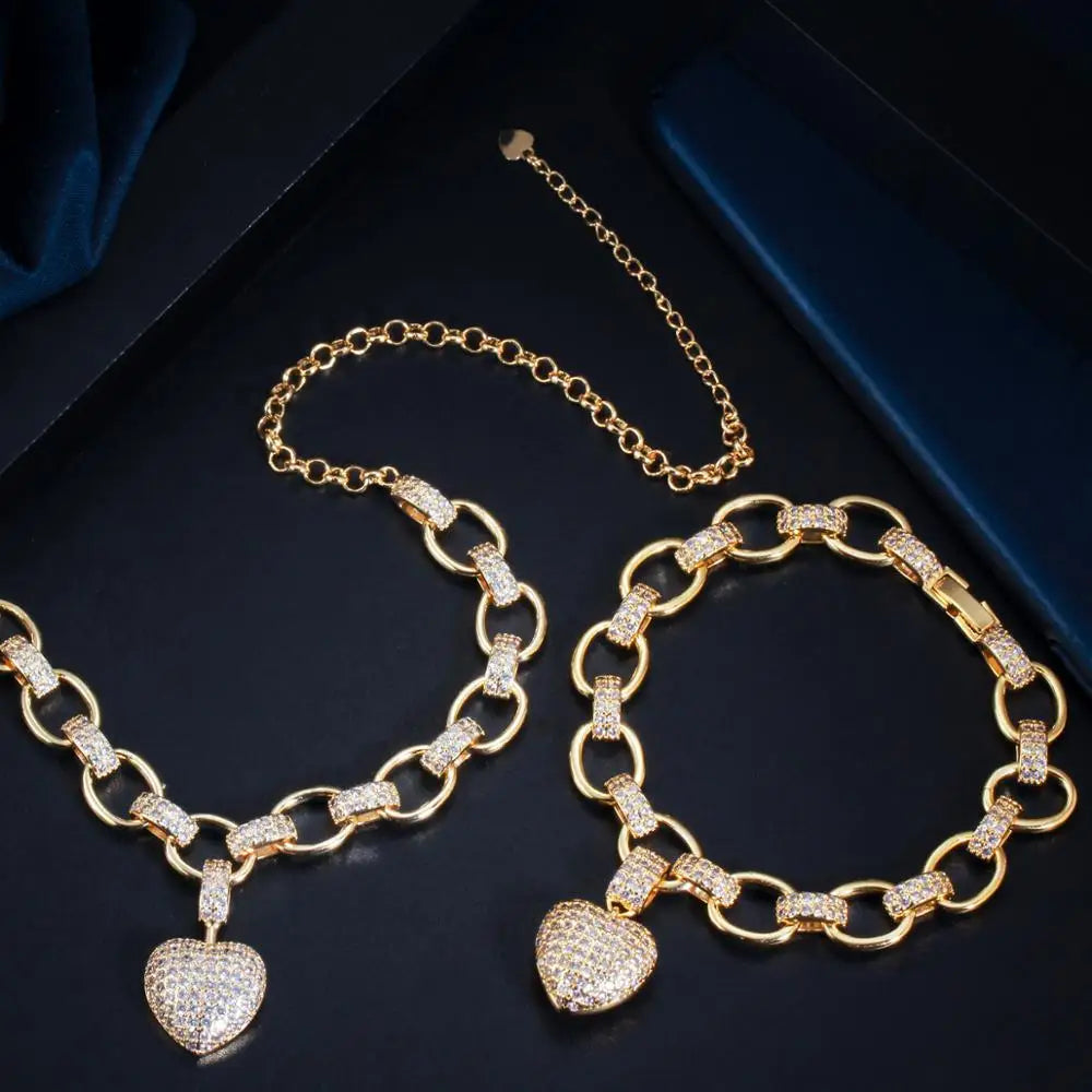 585 Gold Color Cubic Zirconia Dangle Love Heart Charm Bracelet Pendant Necklace Women Costume Jewelry Set